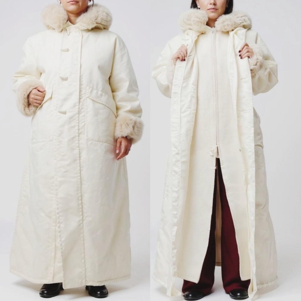 Vintage Linda Lundstrom White Winter Parka Wool Faux Fur S/M
